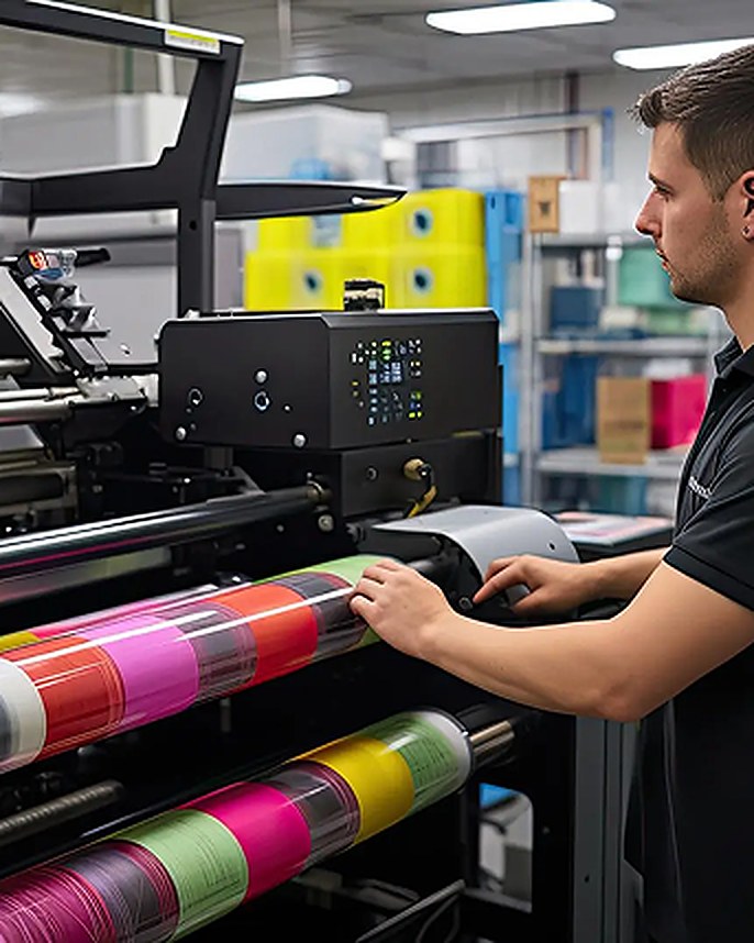 Press operator checking colour on a running print job